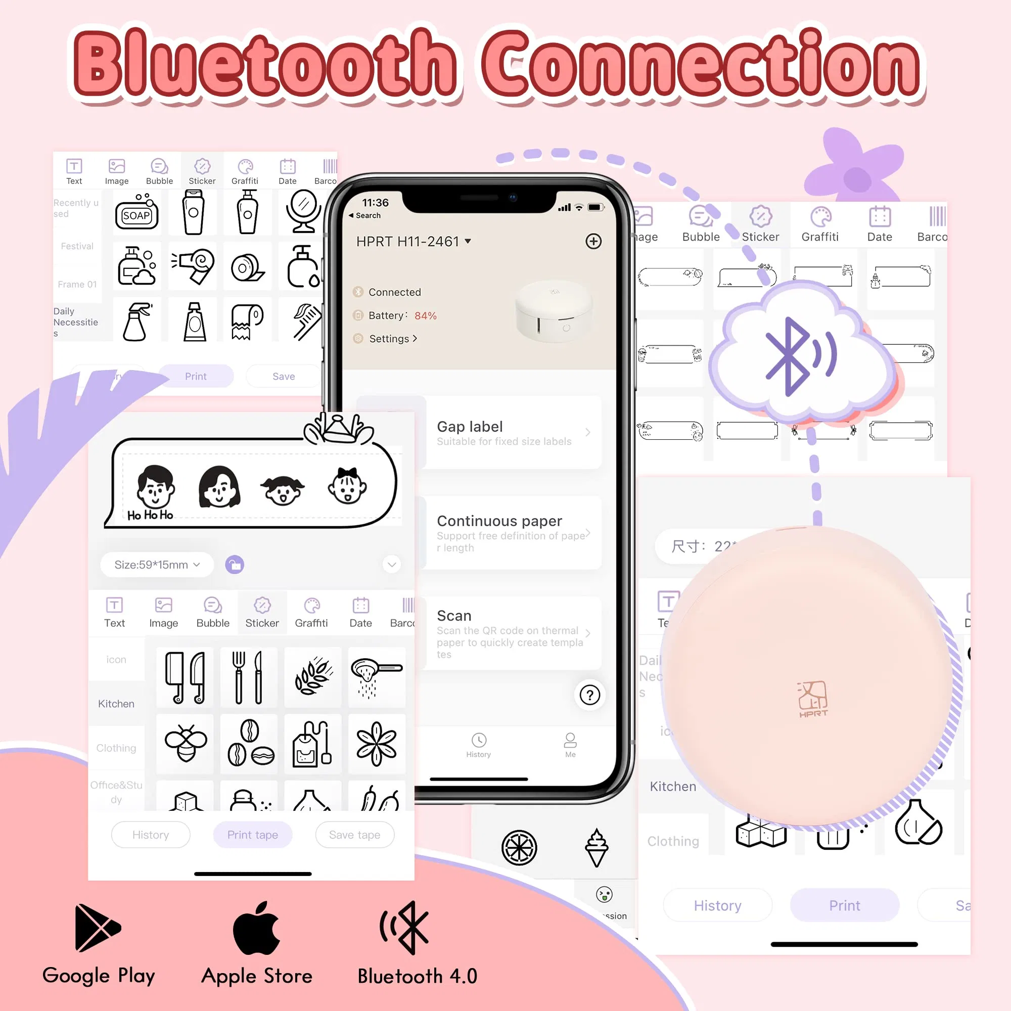 Personalización básica HPRT H11 Mini máquina etiquetadora con cinta Impresora de etiquetas Bluetooth pequeño sin tinta Sticker Maker compatible con iOS