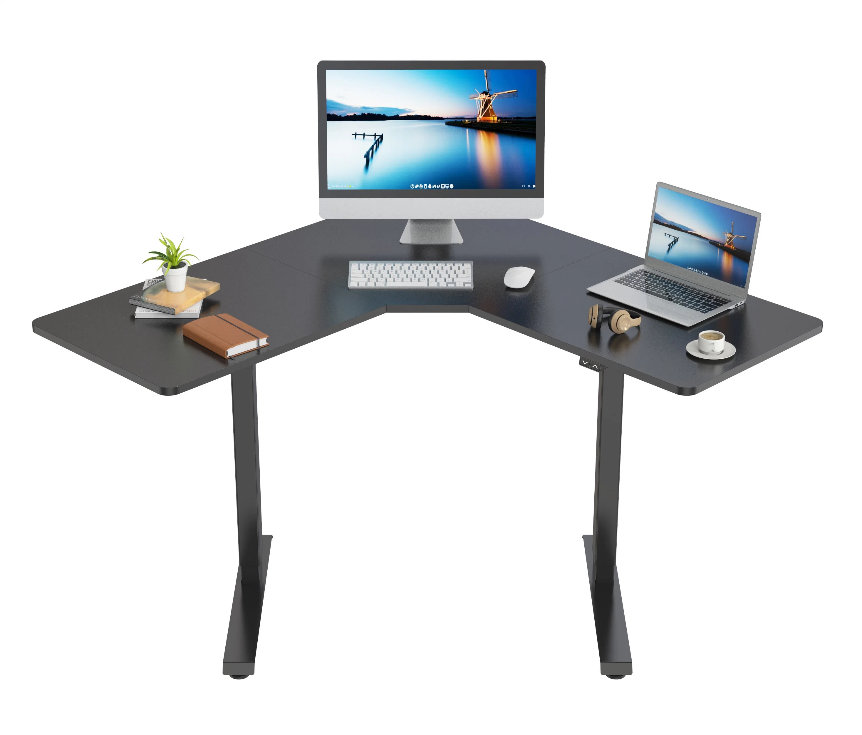 V-Mounts L-Shaped Electric Height Adjustable Sit to Stand Corner Desk with Single Motor Vm-Ehed121d-3p