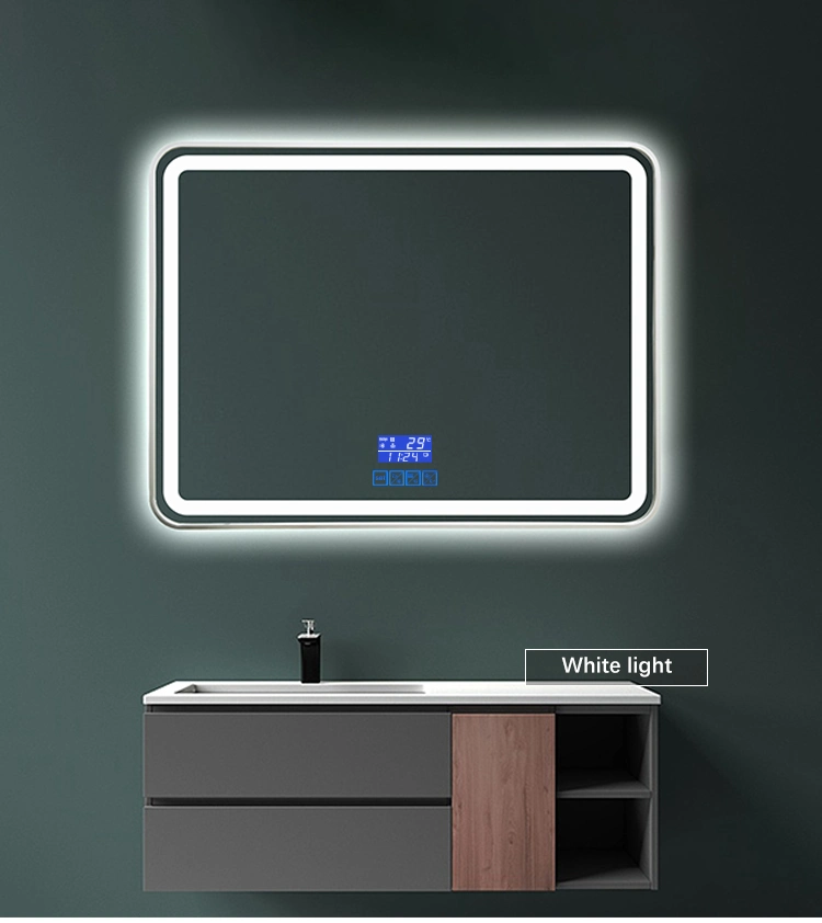 Chorreado de arena aluminio esmerilado marco rectangular ajustable Defogger Baño Smart iluminado Espejo