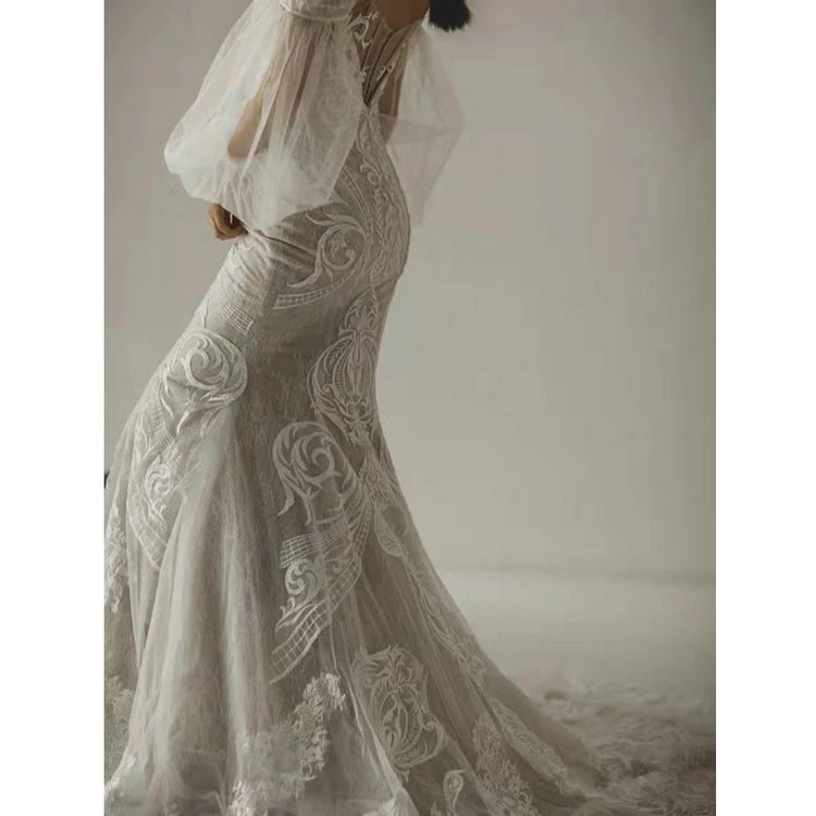 Wedding Dress Spring/Summer 2022 New Lace Beaded Tube Top Collar Long Sleeve Light Luxury Slim Tail Bridal Wedding Dress