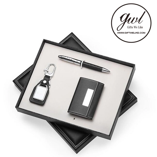 Corporate Gift Set Leather Metal Keychain with Fashion Business Card Holder