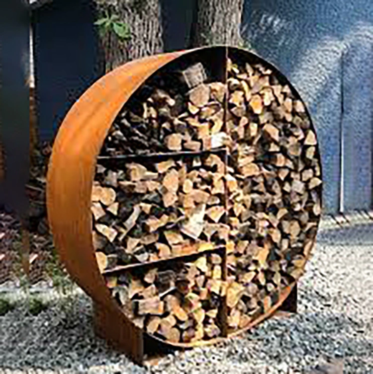 Corten Acero redondo Corten Acero almacenamiento de madera para chimenea