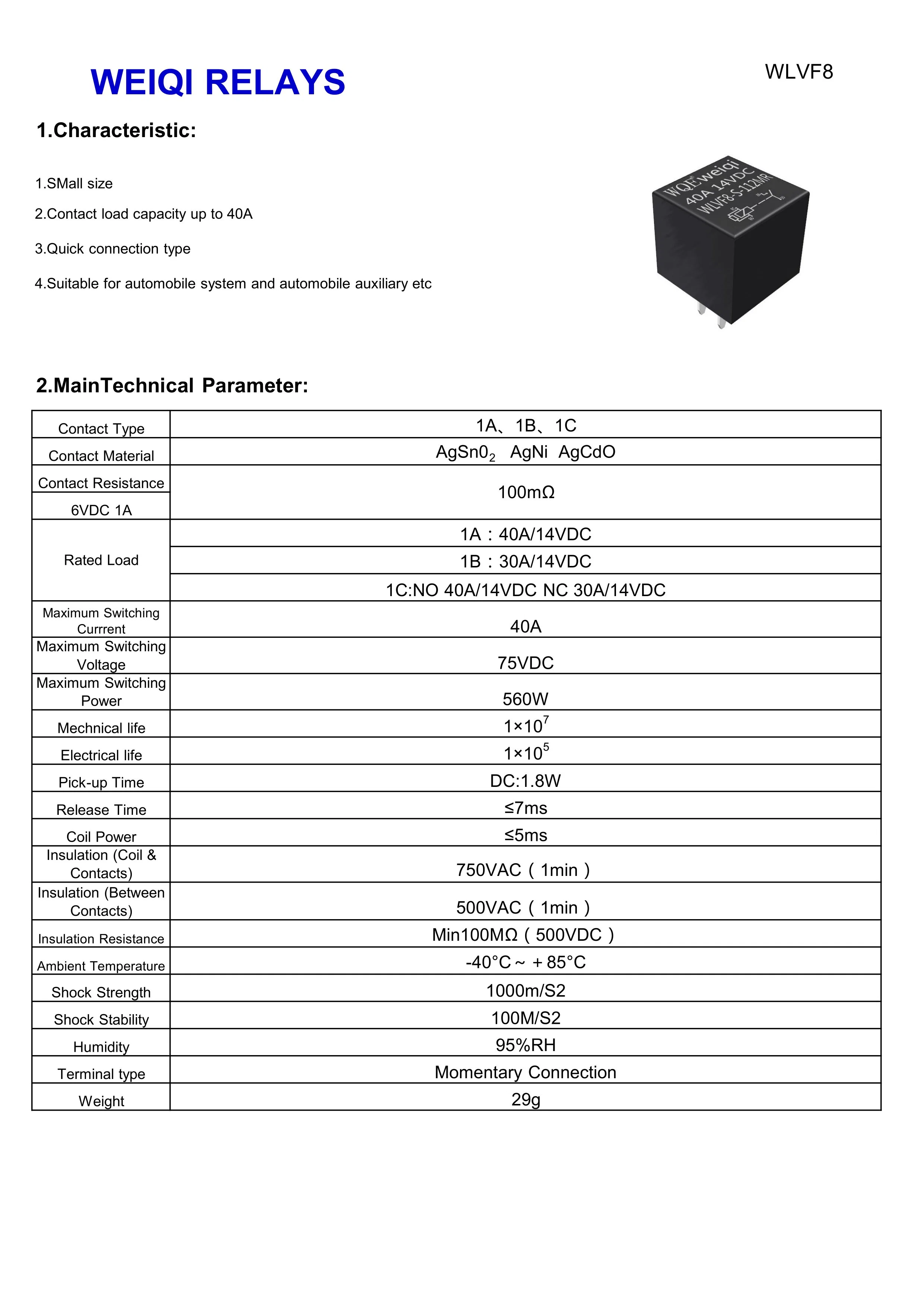 Free Samples Waterproof High Power 24V 40A Auto Relay for Car Spare Parts Wlvf8a