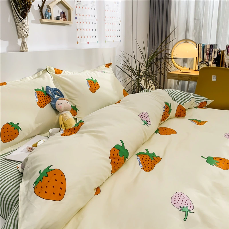 100% Cotton Cartoon Printed 4PCS Bedding Sets Plaid Stripe King Size Duvet Cover Set Single Double Queen Bed Sheets