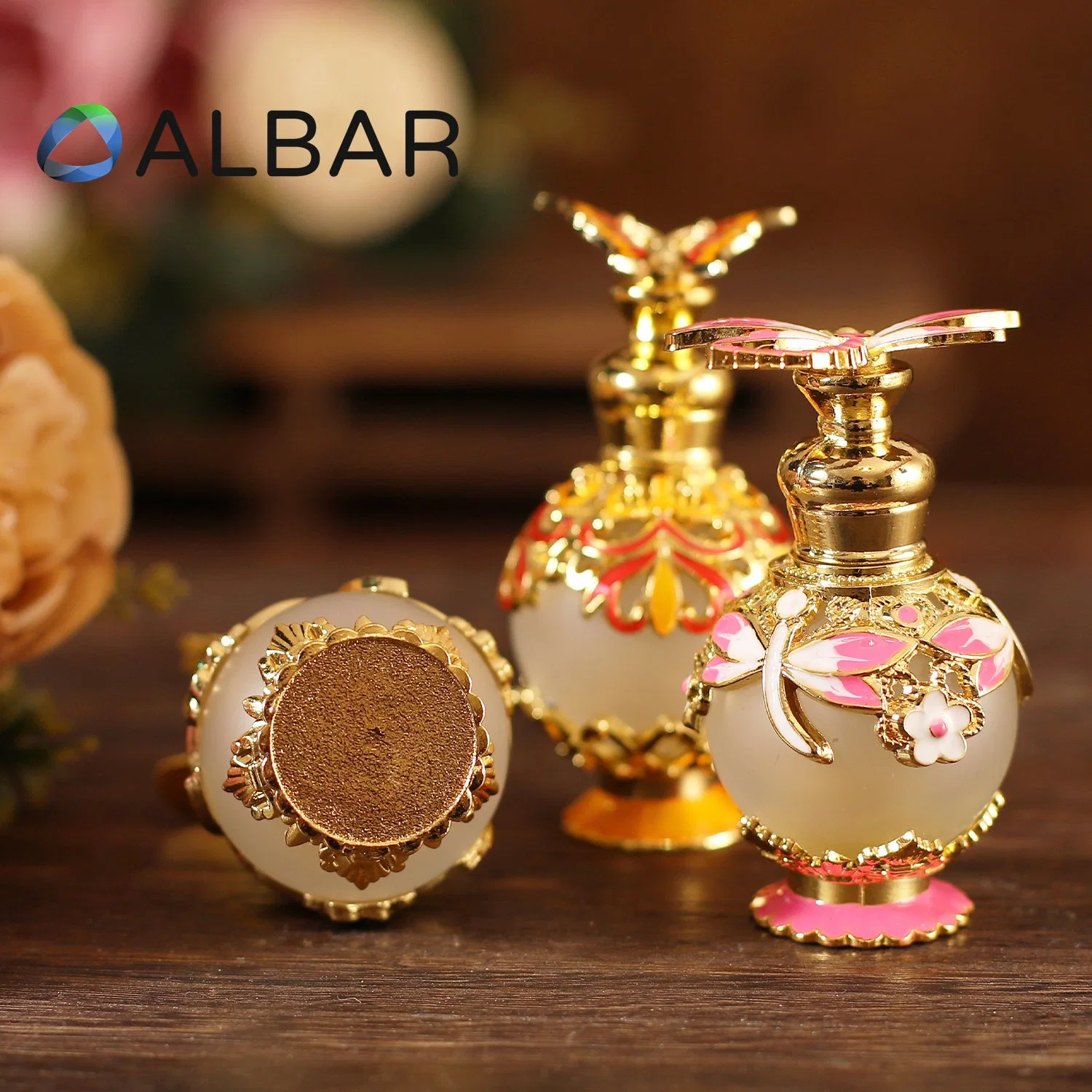 Butterfly High Base Metal Bottom Zamac Perfume Bottles with Round Glass Jar