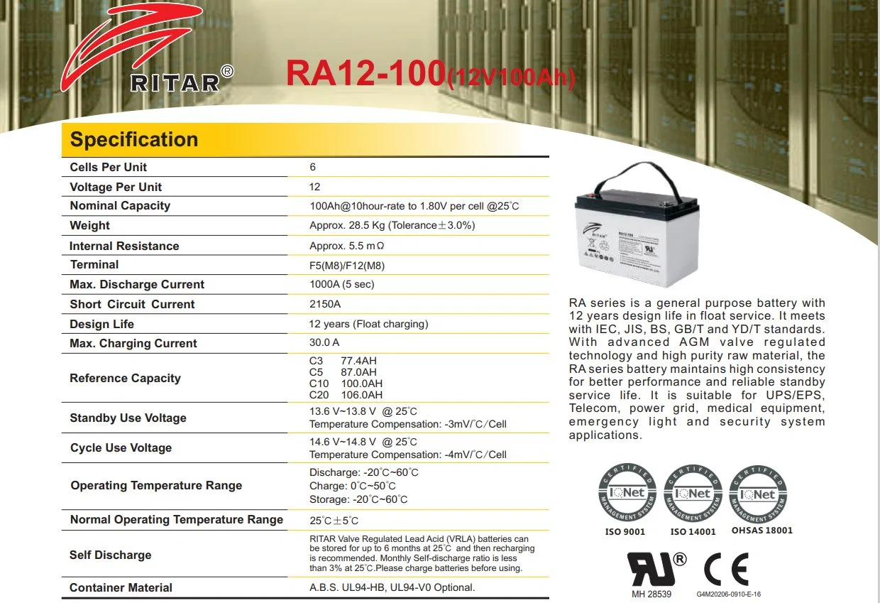 Ra12-100 Ritar Copex12-100 DC 12V100Ah batería AGM de plomo ácido para el sistema de UPS