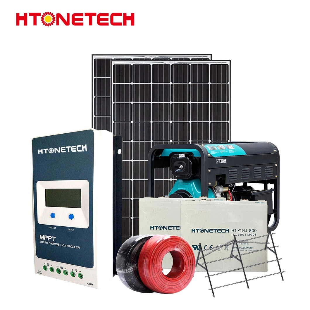 Htonetech Système solaire tout-en-un 48V hors réseau Panneau solaire 500W Monocristallin Générateurs triphasés flexibles Générateur diesel Système solaire PV complet