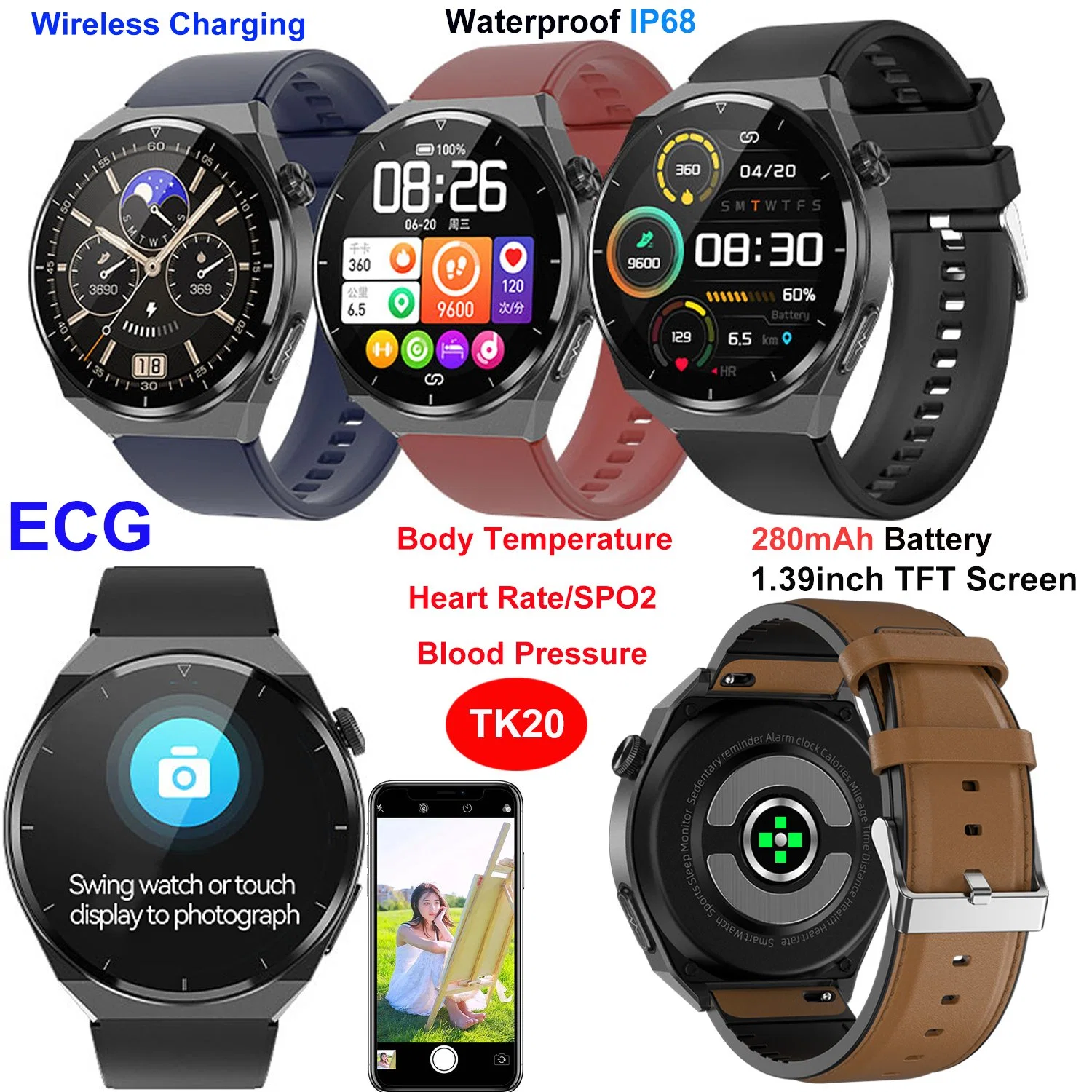 New Developed ECG Accurate Colorful Touch Screen PPG Heart Rate Blood Pressure Blood Oxygen Bluetooth Sport Smart Bracelet TK20