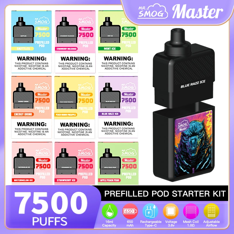 Bobine en maille fruits arômes Kit de démarrage de Pod prérempli jetable MR Smog Master 7500 6000 5000 Putifs Vente en gros Vape Pen jetable Évaporateur rechargeable remplacez l'afficheur