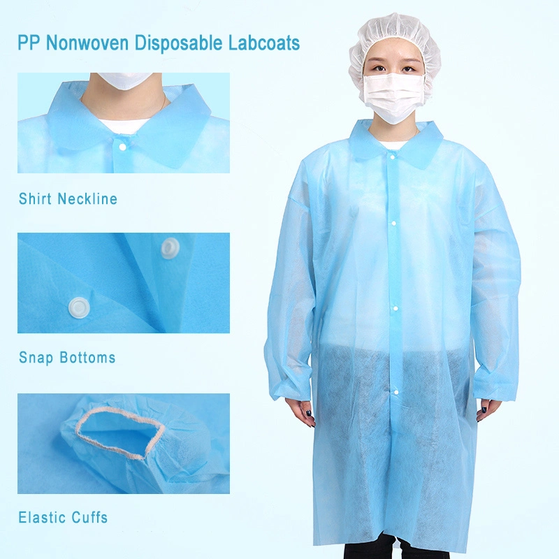 CE/FDA/ISO13489 Vestuario desechable de laboratorio SMS no tejido de capa de laboratorio Azul Con cuello de punto y bolsillos