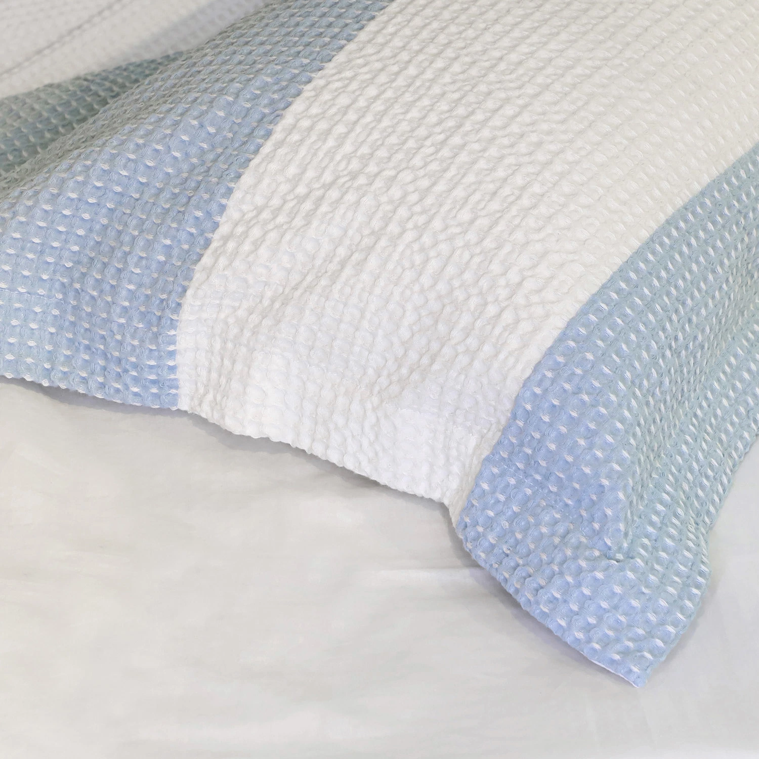 Ensemble housse de couette 100 % coton à rayures gaufrées, blanc et bleu avec Parure de lit douce et aérée Shams