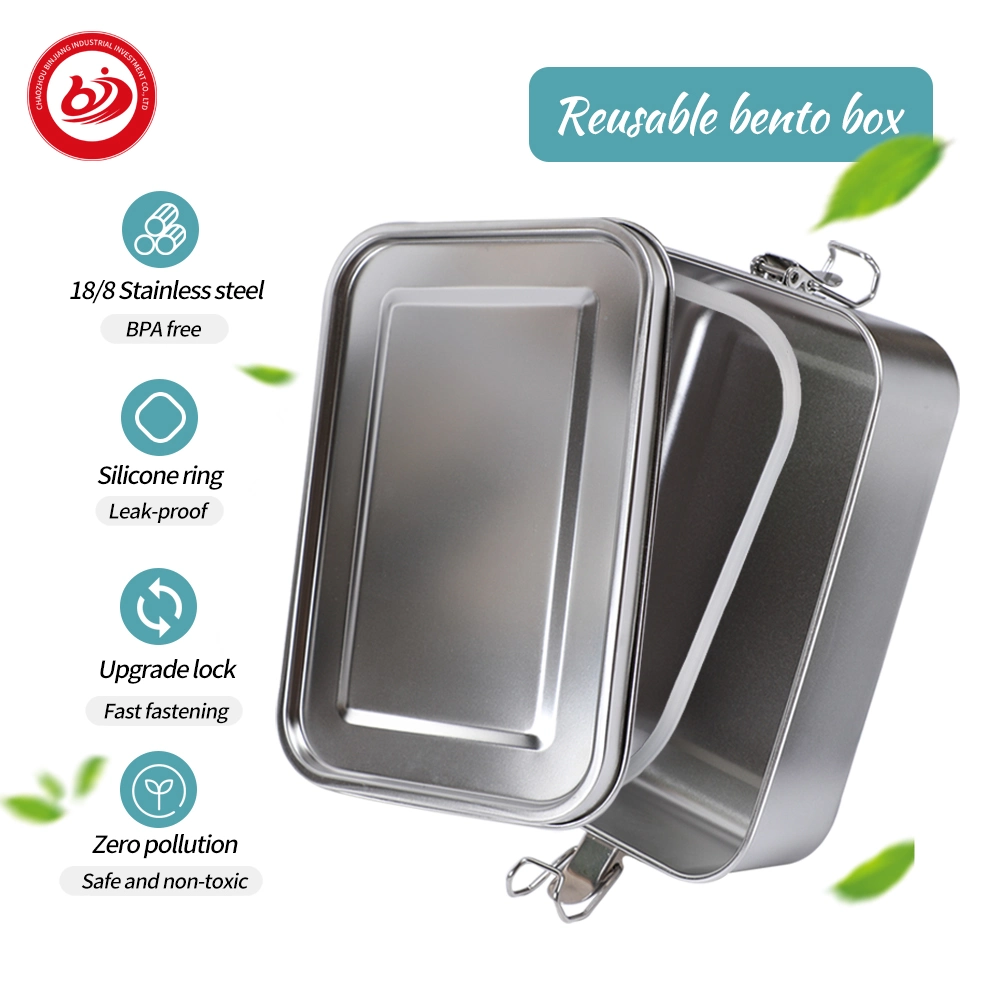 Rectangular Outdoor Picnic Easy to Clean Storage Stainless Steel Camping Lunch Box with Buckle