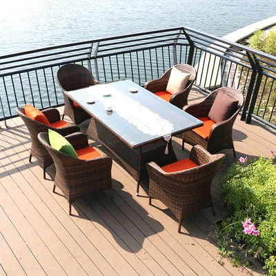 Outdoor Tables and Chairs, Outdoor Patio Tables and Chairs, Waterproof and Sunscreen, Outdoor Rattan Anticorrosive Wooden Tables and Chairs, Villa Rattan Tables