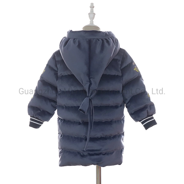 Quilted Long Flower Embroidery Velvet Hooded Down Jacket for Kids Children Girls Boys