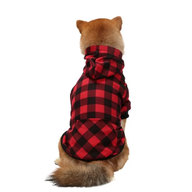 Red Plaid Dog Hoodie Sweater for Dogs Pet Clothes with Hat and Pocket