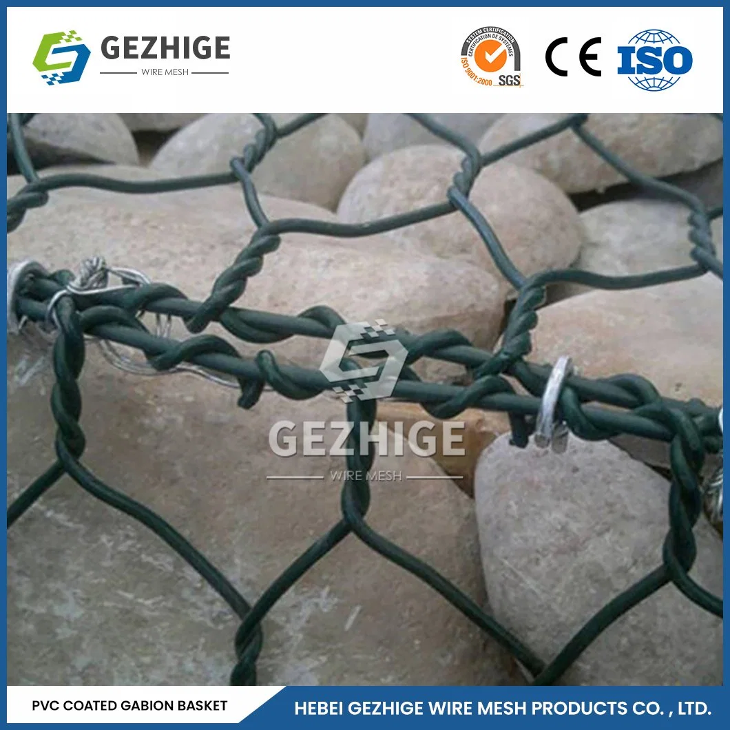 Gezhige 60X80 mm Metal Gabions Suppliers 4,0mm cable Thickness Green PVC gabion China 4,0*1,0*1,0 M Caja de gabion hexagonal malla