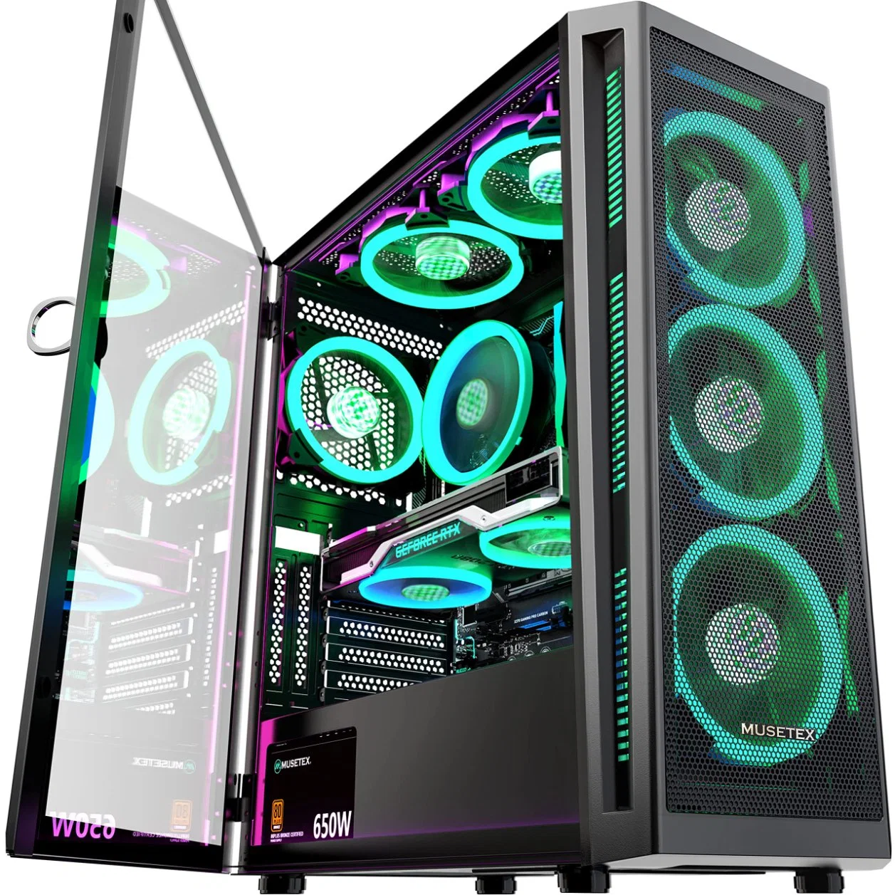 Musetex ATX PC Case Pre-Install 6 PWM Argb Fans, MID Tower Gaming Case with Opening Tempered Glass Side Panel Door, Mesh Computer Case, Tw8 Computer Parts