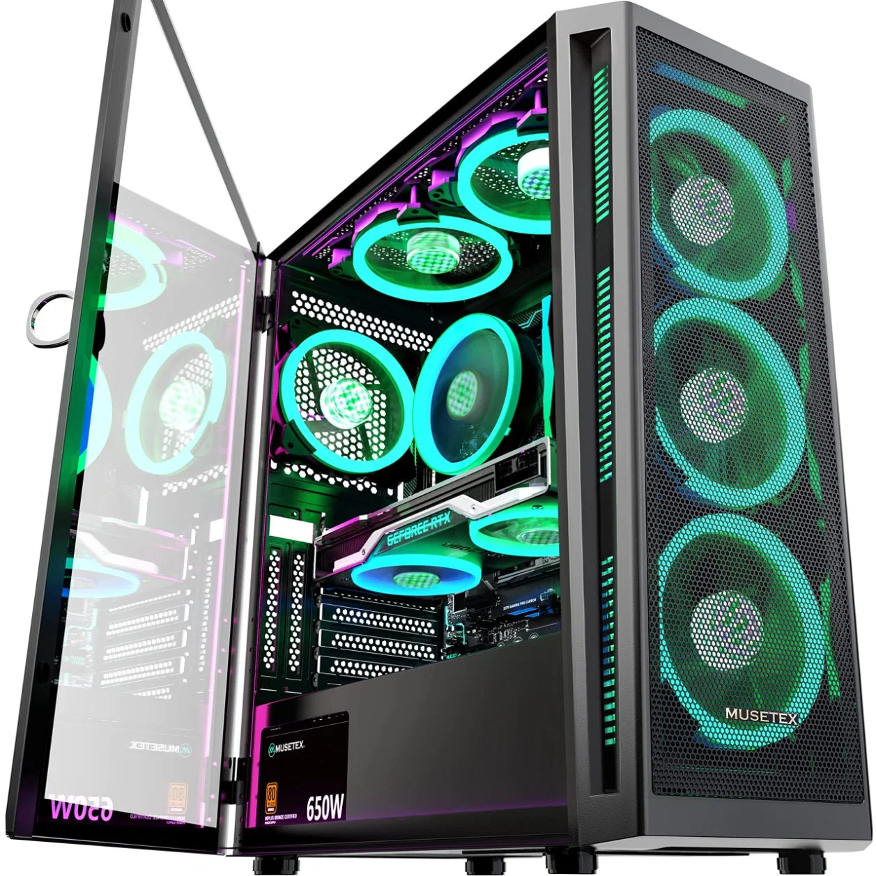 Musetex ATX PC Case Pre-instalar 6 PWM ARGB ventiladores, torre MEDIA Gaming Case con apertura de vidrio templado puerta de panel lateral, malla de la computadora, TW8 piezas de computadora