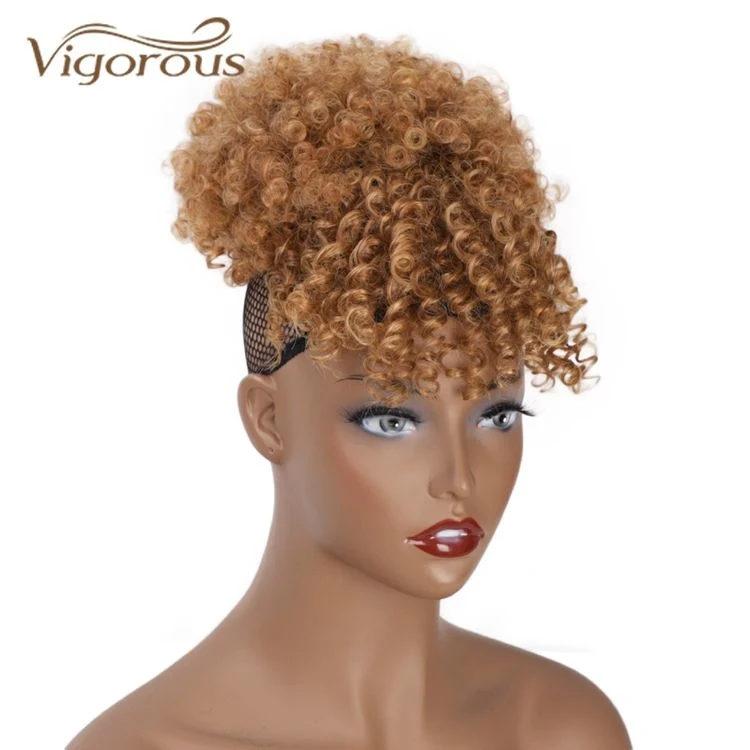 Sintético Afro Cabello Bun Kinky Curly Updo peinados Chignon con Bang