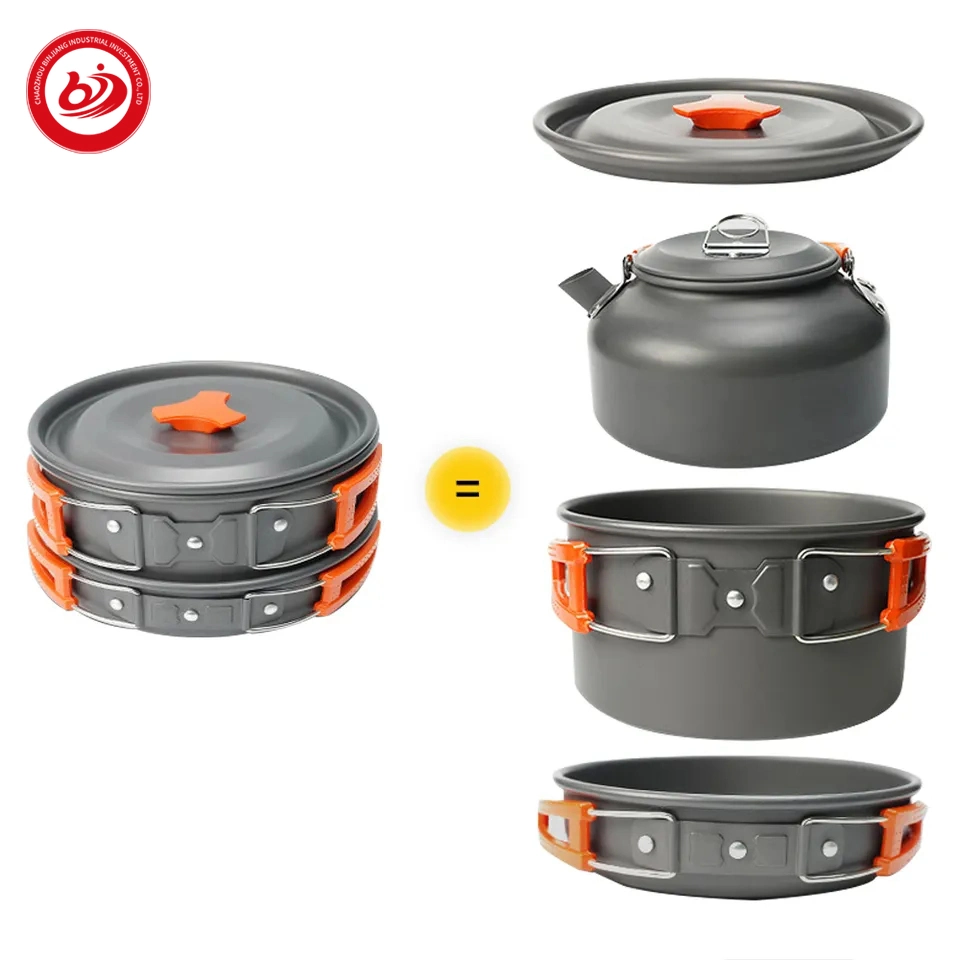 Stainless Steel Outdoor Camping Cookware Set Tea Pot Mess Kit with Kettle Cup Dishes Hiking Picnic Cookset