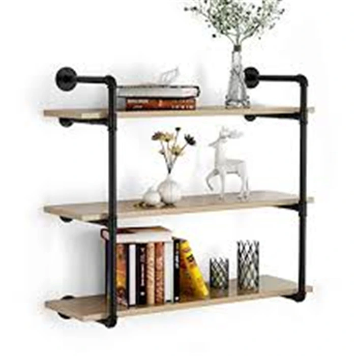 Industrial Wall Shelf 3-Tier Wall Mount Iron Pipe Shelves Wood and Metal Frame Floating Shelf