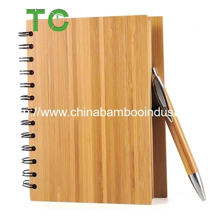 Ecoy Hot Sale Eco-Friendy Custom Logo Wooden Bamboo Cover Spiral Notebook with Ball Pen for Gift