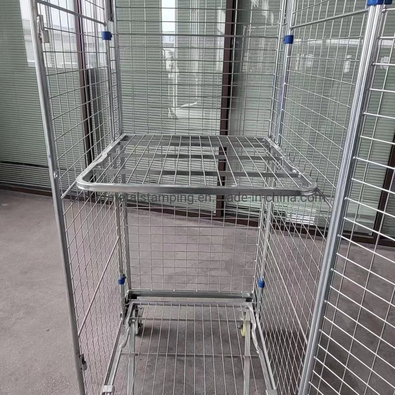 Heavy Duty Steel 4 Sides Folding Welded Nesting Wire Mesh Shelf Collapsible Full Security Roll Container Cage Logistic Trolley for Storage Logistics Transport
