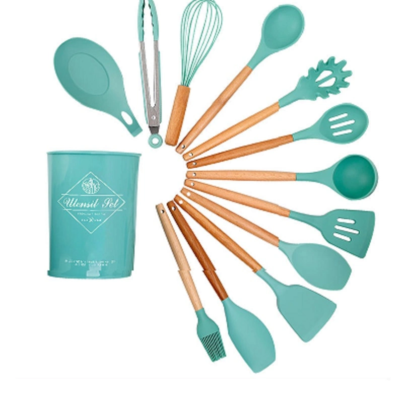 Ultimate Silikon Spatel Utensil Set mit natürlichen Holzgriffen 13 PCS Küchenwerkzeug für Antihaftpfannen zum Kochen von Küchengeräten Set Esg16342