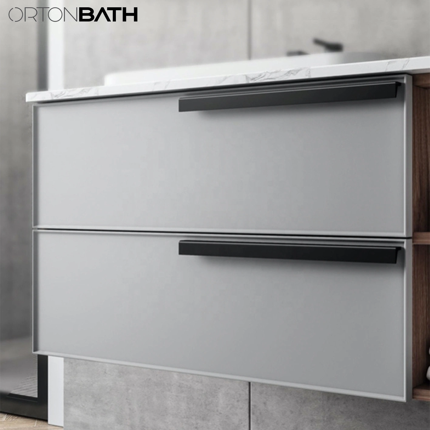 Ortonbath Grey Modern Wall Mount Ceramic Sink Bathroom Double Layer Wood Vanity Unit Cabinet Artificial Stone Bathroom Furniture with Mirror Cabinet