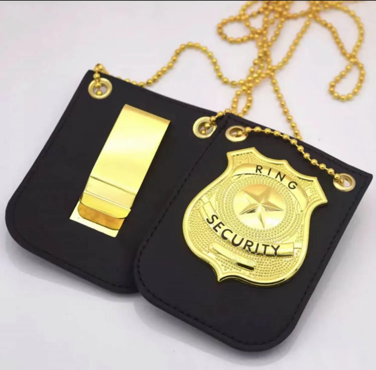 Liga de zinco de qualidade personalizado personalizado crachá de metal com estojo de couro prêmios de artesanato da corrente de segurança Cinto de ouro soldado da Polícia Militar Geral crachás de Pin de lapela