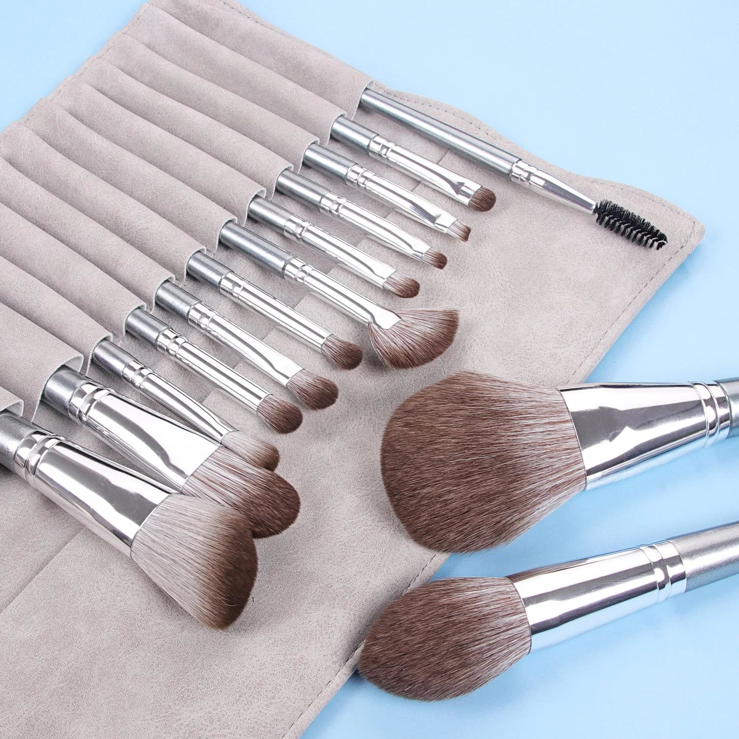 14 PCS Synthetic Hair Makeup Brushes OEM ODM Cosmetic Brush Manufacture Silver Handle