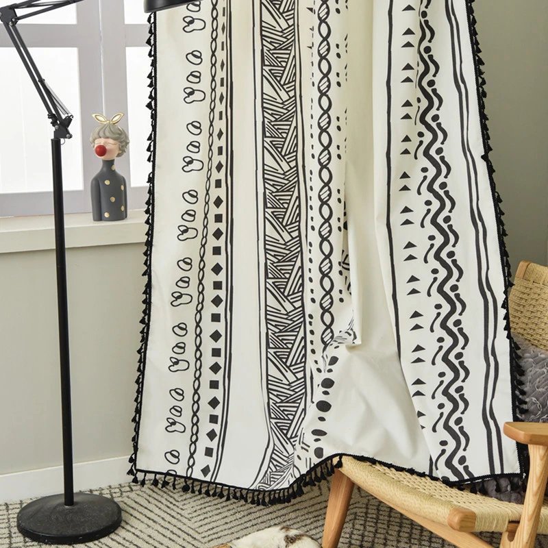 Bohemian Tassel Cotton Linen Curtain Country Style Window Hanging Blackout Curtain for Living Room Easy Drape Dector for Window