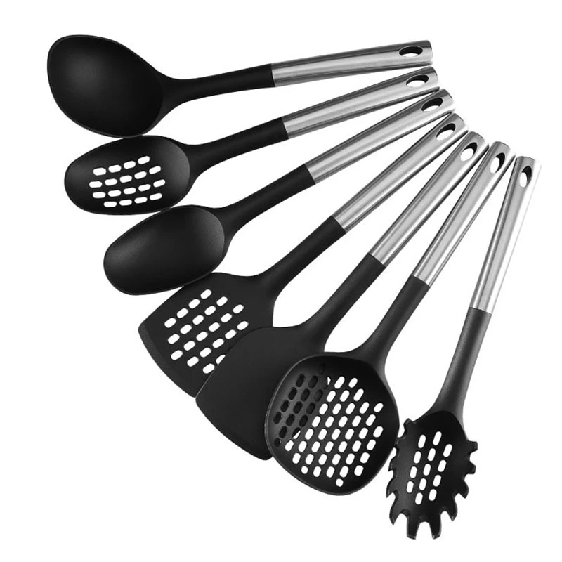 7 peças em aço inoxidável preto nylon resistente ao calor pegas Personalize a cozinha Definir o jogo de panelas