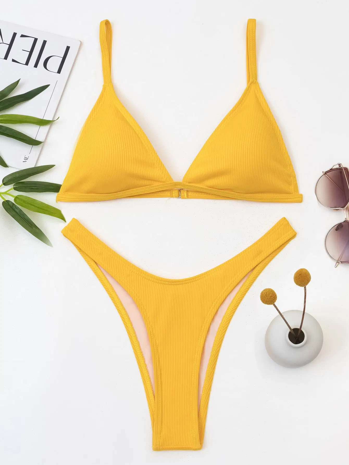 Women Sexy Beachwear Yellow Rib Triangle Bikini Swimsuit