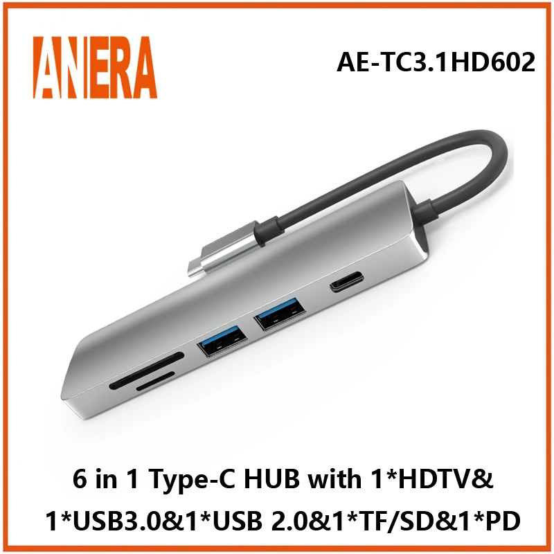 High Performance 6 in 1 USB C Portable Type C Hub Adapter with USB3.0/2.0 Hub SD/TF 2.0 Card Reader Pd Charging and HDMI