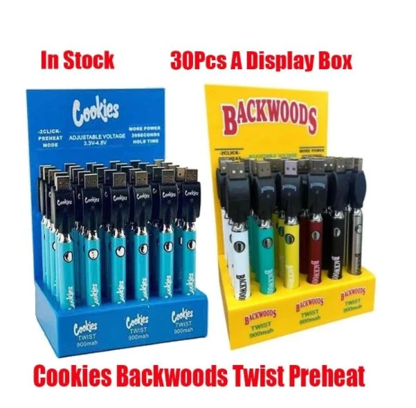 Cookies Twist 510mA /900mA tension ajustable Vape Pen batterie avec 30CT boîtier d'affichage tension variable stylo batterie