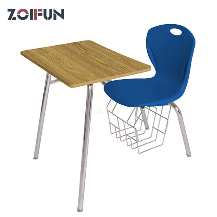 School Modern Classic Popular Furniture Set; Wooden MDF Table Plastic Chair Set with Book Racket