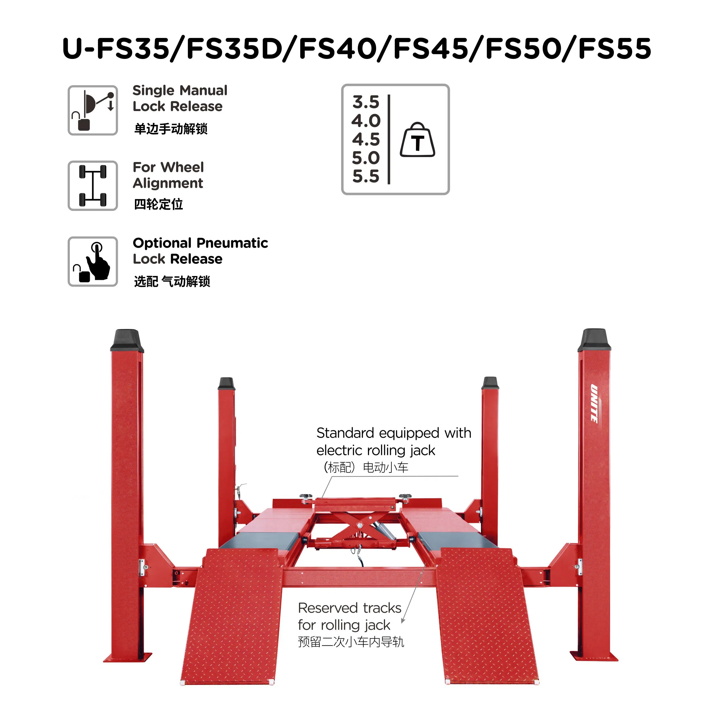 Unite Vehicle Lifts 3.5t Capacity U-Fs35 4 Post Car Hoist Hydraulic Car Lift with Car Jack Lift Other Vehicle Equipment