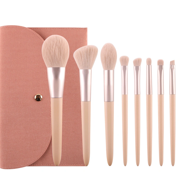 Pink Colorful Wooden Handle Synthetic Private Label Nylon Hair Cosmetic Makeup Brush Set for Ladies Make up Brushes Tool 8PCS