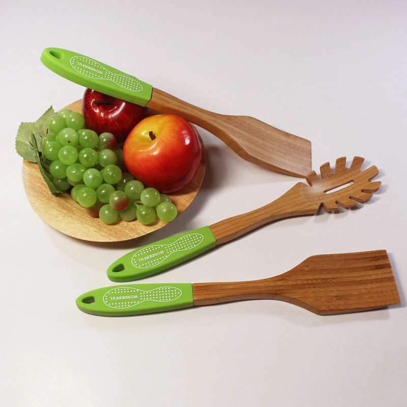 Silicone Handle Anti-Skid Bamboo Cooking Spoon