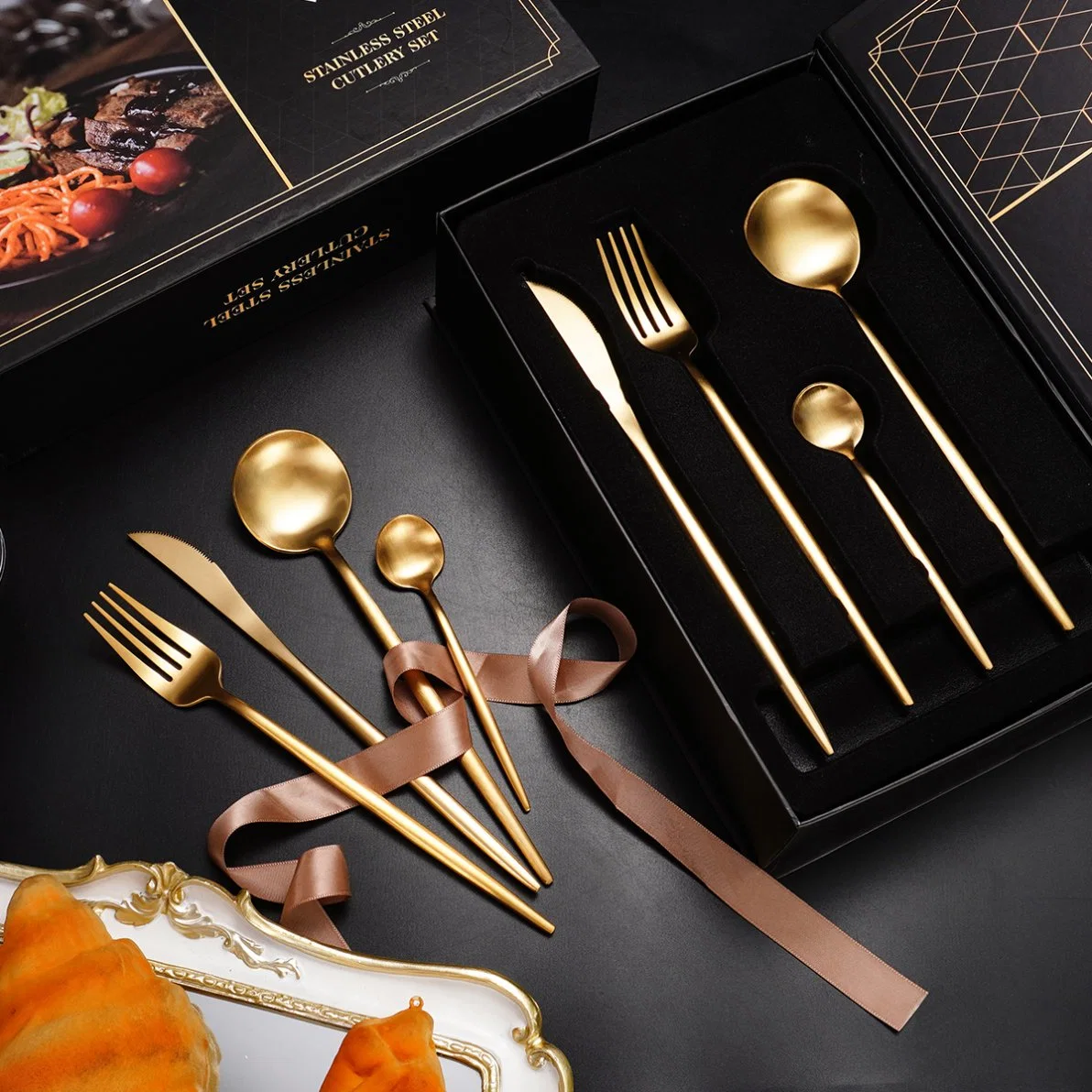 Wholesale/Supplier Wedding Flatware Gift Silverware Box Restaurant High quality/High cost performance Stainless Steel Luxury 24 Piece Gold Portuguese Cutlery