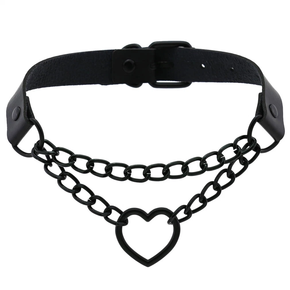 Punk Leather Black Chain Dark Spade Heart Necklace Neck Chain Bondage Bdsm Collar