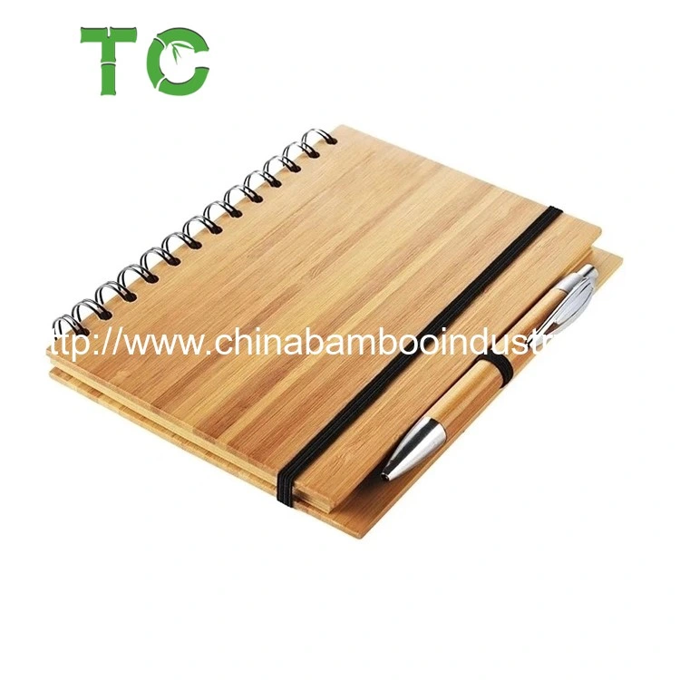 Ecoy Hot Sale Eco-Friendy Custom Logo Wooden Bamboo Cover Spiral Notebook with Ball Pen for Gift