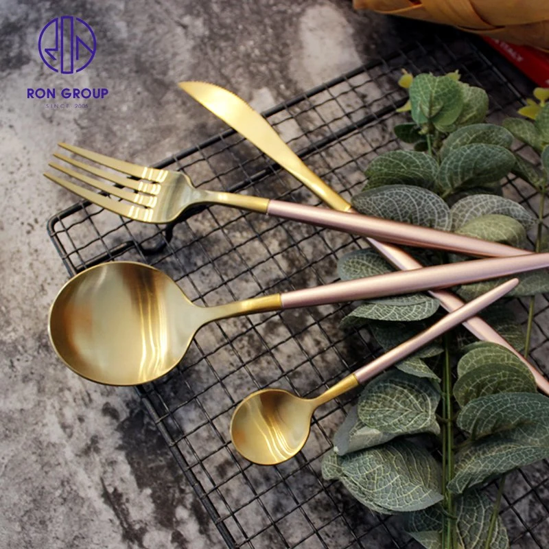 Western Restaurant Hotel Kitchen Silverware Knife Spoon Fork Solid Pink Handle with Gold Flatware Stainless Steel Cutlery