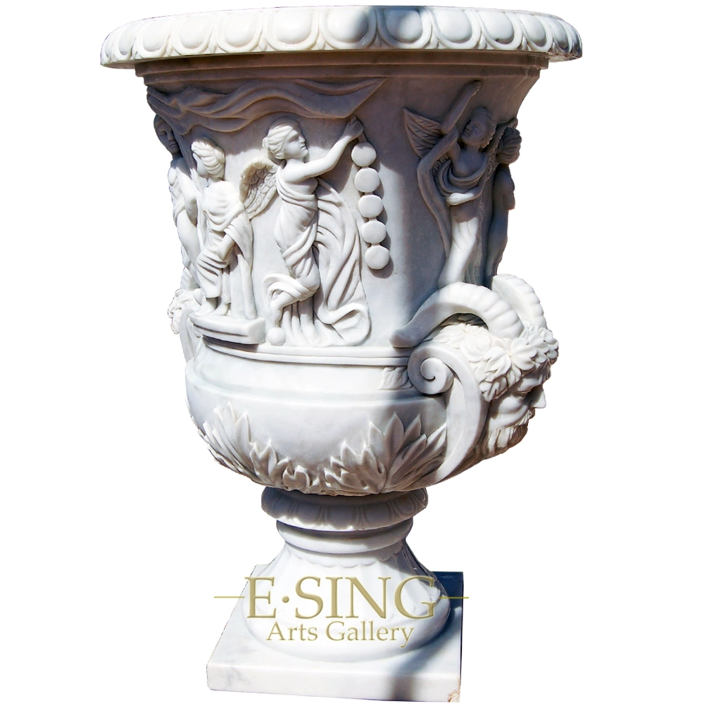 Garden Decoration Natural Stone Flowerpots with Deer Head Relife Carving Marble Roman Style Flower Pot