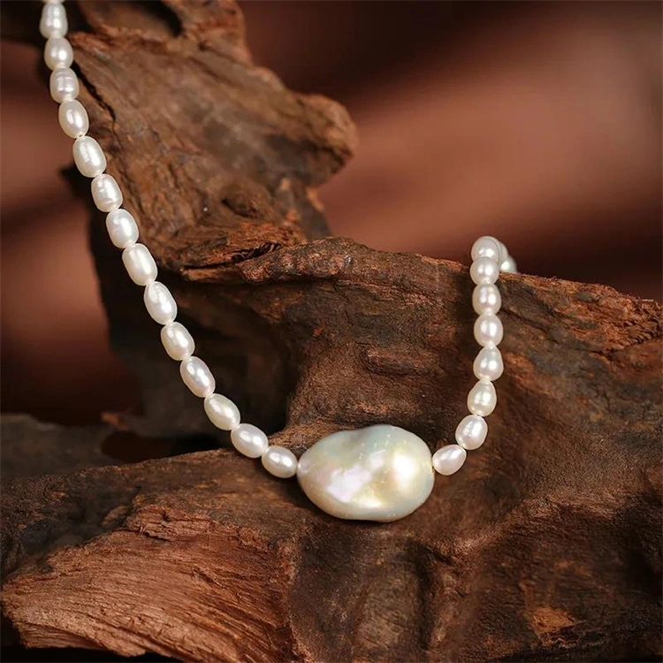 Fashion Popular 925 Sterling Silver Large Baroque Freshwater Pearl Drop Pendant Elegant Chain Necklace Jewelry