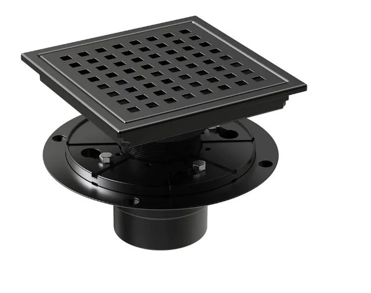 SUS 304 Stainless Steel Square Shower Drain Matte Black 6 Inch with Flange