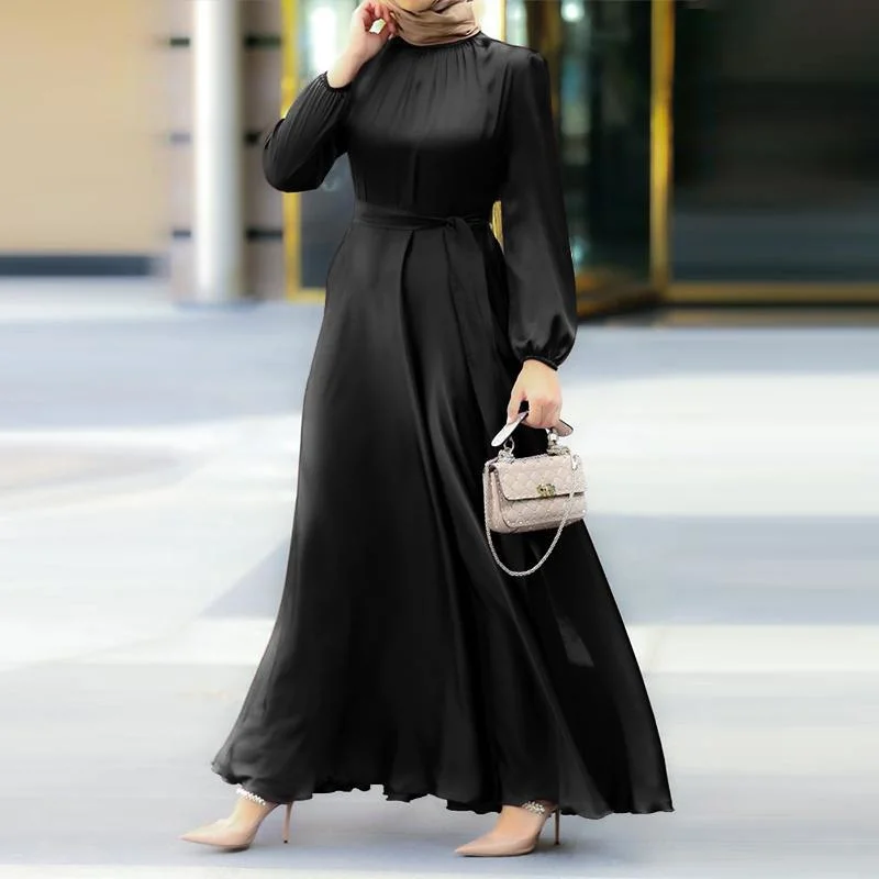 Women's Muslim Style Round Neck Long Sleeve Tie up Waist Slim Fashion Elegant Robe Loose Dress Dress