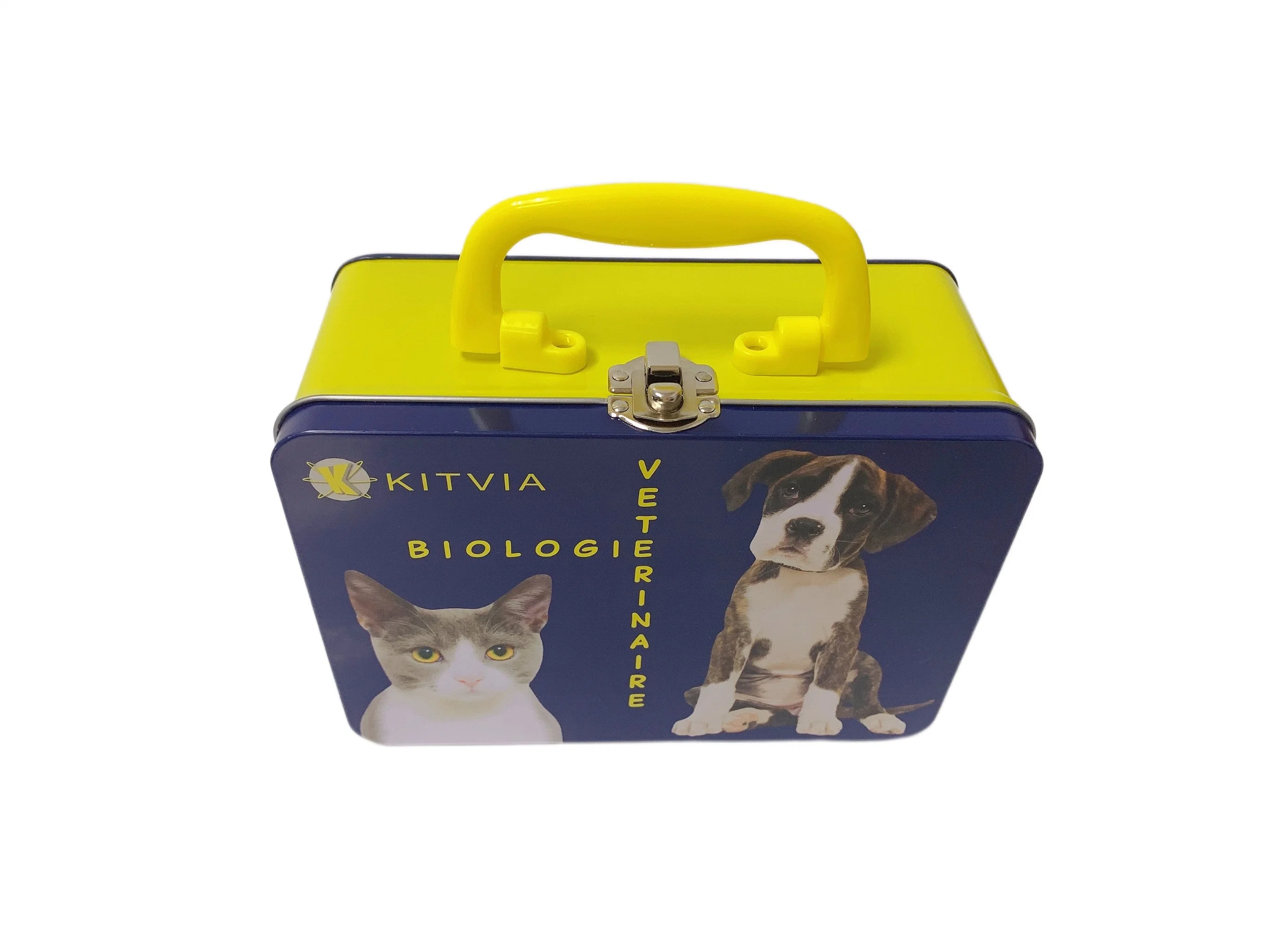Rectangle Suitcase Tin with Handle Custom Metal Lunch Box Cat Dog Food Packaging Tin Box