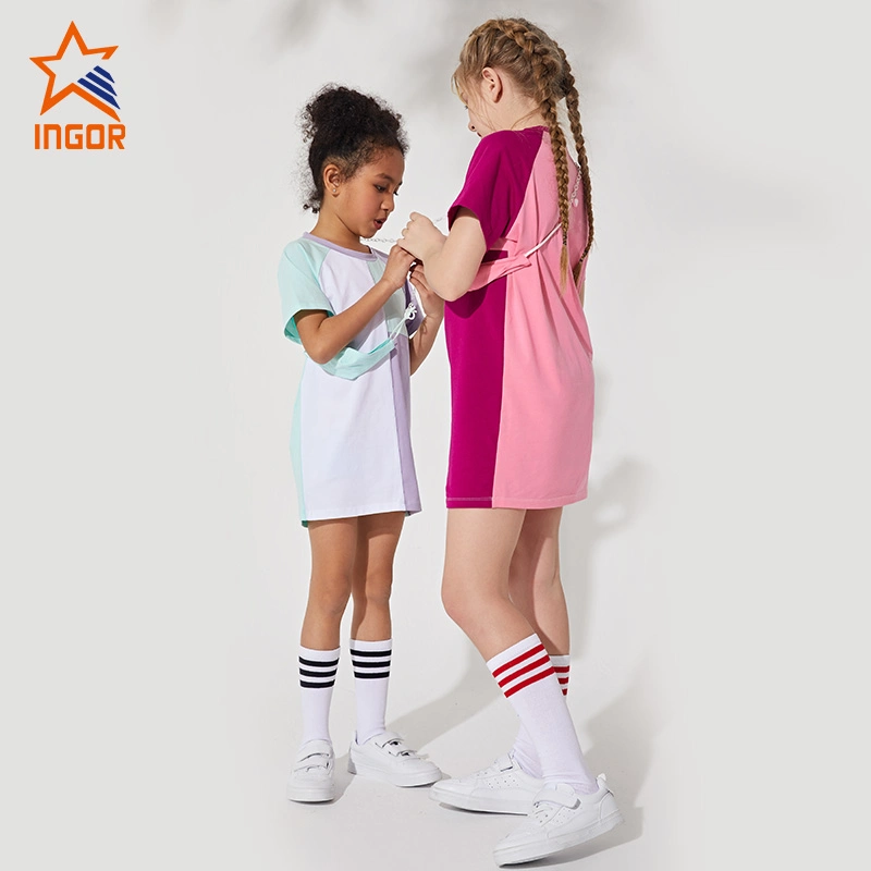 Ingorsports mayorista Activewear personalizado a los niños el color de contraste T-Shir Falda causal para niños ropa deportiva